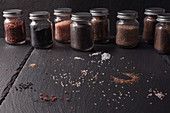 Various Types and Colors of Course Salt in Jars