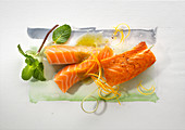 Food art: salmon (fried and raw) with orange zest and mint on a page of watercolour