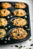 Carrot and seed muffins with chia, sunflower seeds, and pepitas
