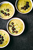 Creamy potato leek soup with rosemary and rye croutons