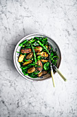 Roasted potato asparagus salad with lentils and spinach