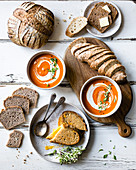 Tomato Soup, Bread, and Grilled Cheese Sandwich