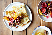 Crepes with roasted fruit and honeycomb