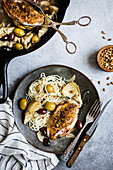 Garlic White Wine Skillet Chicken with Olives & Artichokes