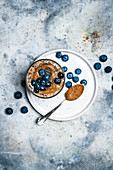Chocolate almond butter smoothie with chia and blueberries.