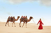 A young woman wearing a long red dress with two camels in the desert