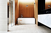 Elegantes Badezimmer mit Marmor- und Holzverkleidung