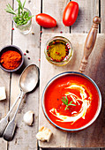 Tomato, red bell pepper soup with rosemary and smoked paprika
