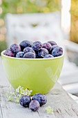 Plums in a light green ceramic bowl