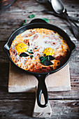 Pan with delicious fried eggs and bacon