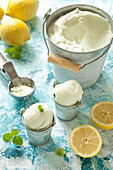 Small pots of limoncello and lemon sorbet with mint