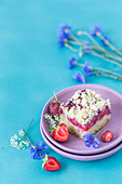 Vegan strawberry yeast cake with crumbles