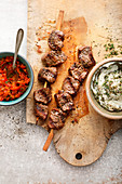 Beef skewers with salsa and cauliflower purée