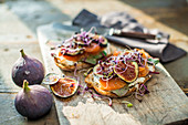 Salmon sandwiches with figs and sprouts on a wooden board