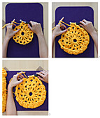 Hands crocheting with yellow jersey yarn