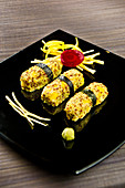 Quinoa croquettes wrapped with nori and wasabi