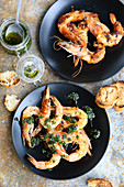 Grilled mediterranean shrimp and shrimp wrapped chicken skin