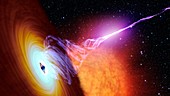Black hole with accretion disc and plasma jet, illustration