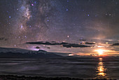 Milky Way and moonset over Lake Manasarovar