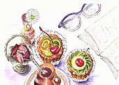 Cupcakes and chocolate with coffee next to a book and a pair of glasses (illustrations)