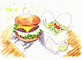 A hamburger next to a box of take-away food (illustration)