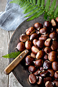 A plate of foraged chestnuts on a rustic background