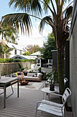 Palm tree, dining area and lounge area in summery courtyard