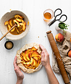 Peach Galette made with fresh yellow peaches, honey, and lemon thyme