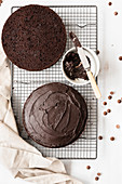 Gluten-free chocolate cake covered with chocolate icing and cut in halves