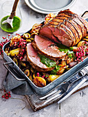 Pink Peppercorn Lamb with Balsamic Onions