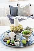 Autumn arrangement with house leeks and candles on tray