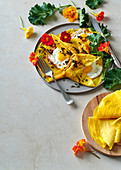 Turmeric egg crepes with crispy spring onion and curry mayonnaise