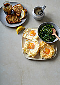 Egg clouds with coconut creamed kale and glutenfree mustard toast