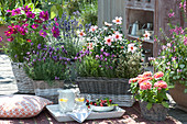 Arrangement mit Kräutern, Sommerblumen und persischer Rose
