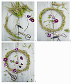 Instructions for tying a heather wreath decorated with violas