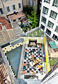 View down onto restaurant on roof terrace