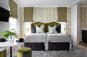 Elegant bedroom with olive-green accents