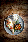 Fried Seabream with Aubergine Stew and Rice