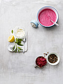 Ingredients for making beetroot waffles with wasabi cream cheese