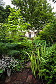 Blick durch üppiges Grün des Gartens auf ein Haus mit Veranda