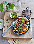 Grilled lamb chops with chimichurri and roasted carrots