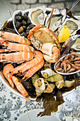 Plate with fresh assorted seafood in french summer restaurant