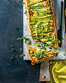 Salmon and asparagus quiche with feta
