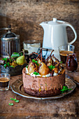 Chocolate mousse cake with poached pears