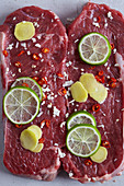 Marinated beef steaks with chilli, ginger and lime