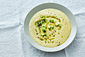 Sweetcorn soup with avocado and coriander oil