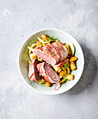 Noisette of lamb with a potato and apple medley made in a hot-air fryer