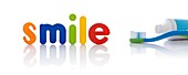 The word 'smile' in multicoloured letters with toothbrush