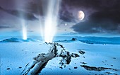 Geysers on extrasolar ice world, illustration