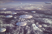 UFOs flying in sky above clouds, illustration